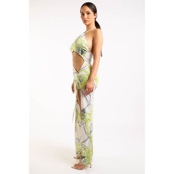 Women's Printed Halter Long Maxi Dress Strappy Sleeve Cut Out Front Sexy Cute - Picture 8 of 10